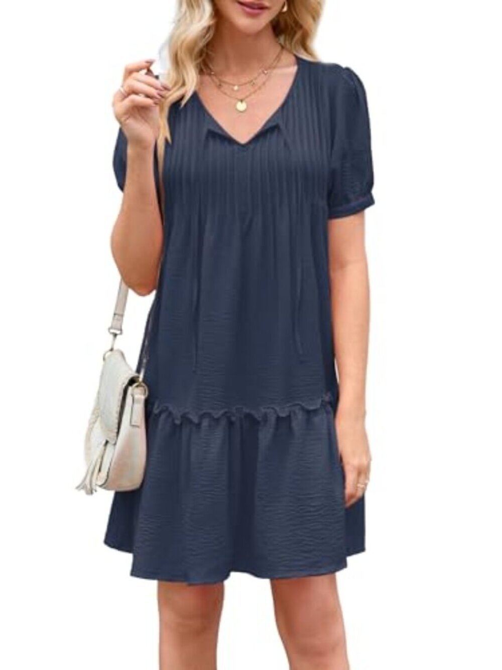 🆕 Women Summer Dress Casual V Neck Puff Sleeve Mini Dresses Ruffle Tiered